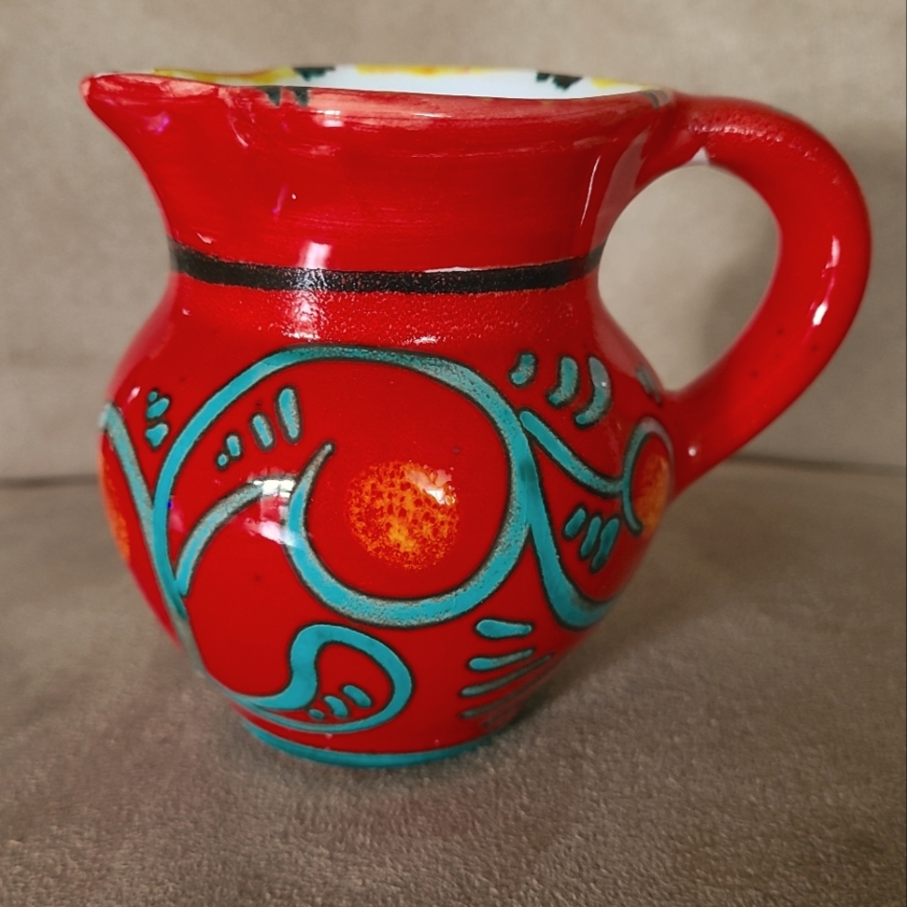 Hand painted Italian Majolica style creamer pitcher red Orange green glazed